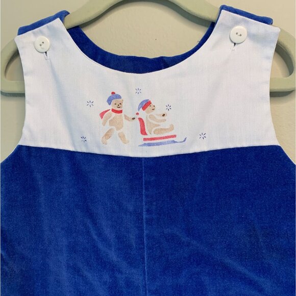 Vintage GINGERSNIPS Baby Romper Boys 2T 2 Blue Velvet Playsuit Bear Sledding - Picture 2 of 5